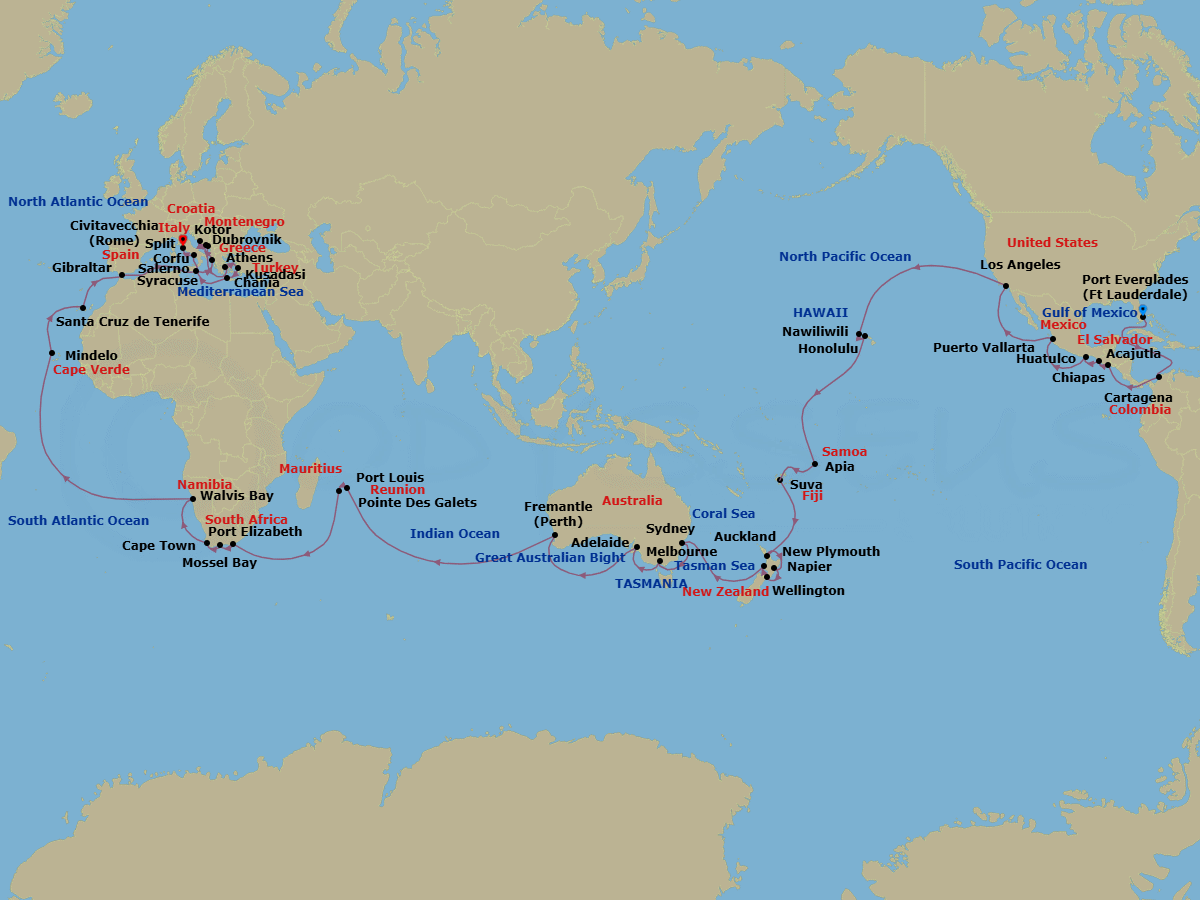 95 Night - World Cruise - Ft. Lauderdale to Rome - Coral Princess - Starting in Fort Lauderdale, Florida, Cartagena CO, Panama Canal Full Transit Historic Locks, Acajutla, El Salvador, Puerto Chiapas, Mexico, Huatulco, Mexico, Puerto Vallarta, Mexico, Los Angeles, California, Kauai (Nawiliwili), Hawaii, Honolulu, Hawaii, Cross International Date Line, Apia, Western Samoa, Suva, Fiji, Auckland, New Zealand, Napier, New Zealand, Wellington, New Zealand, New Plymouth, New Zealand, Sydney AU, Melbourne, Australia, Adelaide, Australia, Perth (Fremantle), Australia, Port Louis, Mauritius, Pointe des Galets, Reunion Island, Port Elizabeth ZA, Mossel Bay, South Africa, Cape Town, South Africa, Walvis Bay, Namibia, Mindelo, Cape Verde Islands, Santa Cruz de Tenerife, Gibraltar, Siracusa, Italy, Corfu, Greece, Dubrovnik, Croatia, Split, Croatia, Kotor, Montenegro, Athens (Piraeus), Greece, Kusadasi, Turkey (for Ephesus), Crete (Chania), Greece, Amalfi Coast (Salerno) itinerary map