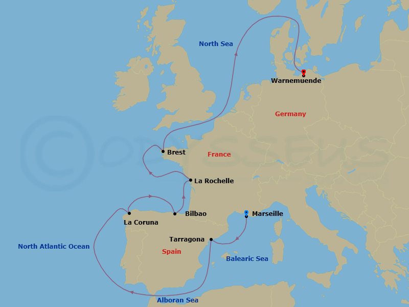 10 Night - Northern Europe - MSC Magnifica - Starting in Marseille (Provence), France, Tarragona, Spain, La Coruna (Santiago De Compostela), Spain, Bilbao, La Rochelle, France, Brest, France, Warnemunde (Berlin), Germany itinerary map