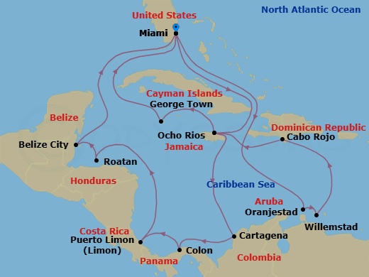 21 Night - Caribbean and Antilles - MSC Poesia - Starting in Miami, Florida, Ocho Rios, Jamaica, Cartagena CO, Colombia, Colon, Panama, Puerto Limon, Costa Rica, Isla De Roatan, Honduras, Belize City, Belize, Miami, Florida, Oranjestad, Aruba, Willemstad AN, Cabo Rojo, Dominican Republic, Ocho Rios, Jamaica, George Town, Cayman Islands, Miami, Florida itinerary map