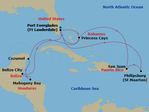 14 Night - Eastern / Western Caribbean Adventurer with Celebration Key - Regal Princess - Starting in Fort Lauderdale, Florida, Princess Cays, Bahamas, San Juan, Puerto Rico, St Maarten, Fort Lauderdale, Florida, Belize City, Belize, Roatan (Isla Tropicale), Honduras, Cozumel, Mexico, Celebration Key, Bahamas, Fort Lauderdale, Florida itinerary map