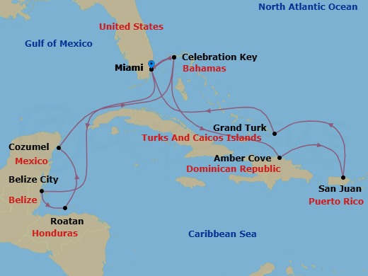 14 Night - Eastern / Western Caribbean Adventurer with Celebration Key - Regal Princess - Starting in Miami, Florida, Belize City, Belize, Roatan (Isla Tropicale), Honduras, Cozumel, Mexico, Celebration Key, Bahamas, Miami, Florida, Celebration Key, Bahamas, Amber Cove, Dominican Republic, San Juan, Puerto Rico, Grand Turk, Turks and Caicos, Miami, Florida itinerary map
