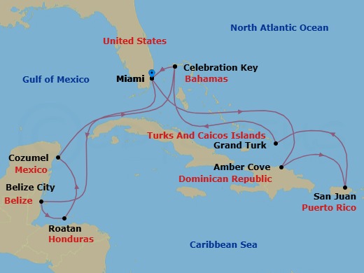 14 Night - Eastern / Western Caribbean Adventurer with Celebration Key - Regal Princess - Starting in Miami, Florida, Belize City, Belize, Roatan (Isla Tropicale), Honduras, Cozumel, Mexico, Celebration Key, Bahamas, Miami, Florida, Amber Cove, Dominican Republic, San Juan, Puerto Rico, Grand Turk, Turks and Caicos, Celebration Key, Bahamas, Miami, Florida itinerary map