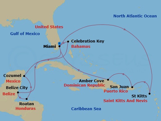 14 Night - Eastern / Western Caribbean Adventurer with Celebration Key - Regal Princess - Starting in Miami, Florida, Belize City, Belize, Roatan (Isla Tropicale), Honduras, Cozumel, Mexico, Celebration Key, Bahamas, Miami, Florida, St Kitts, San Juan, Puerto Rico, Amber Cove, Dominican Republic, Miami, Florida itinerary map