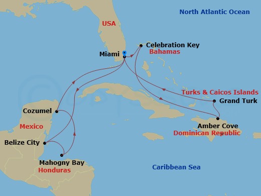 13 Night - Eastern / Western Caribbean with Celebration Key Holiday - Regal Princess - Starting in Miami, Florida, Celebration Key, Bahamas, Amber Cove, Dominican Republic, Grand Turk, Turks and Caicos, Miami, Florida, Belize City, Belize, Roatan (Isla Tropicale), Honduras, Cozumel, Mexico, Celebration Key, Bahamas, Miami, Florida itinerary map