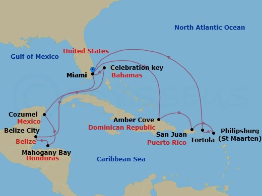 15 Night - Eastern / Western Caribbean with Celebration Key Holiday - Regal Princess - Starting in Miami, Florida, Belize City, Belize, Roatan (Isla Tropicale), Honduras, Cozumel, Mexico, Celebration Key, Bahamas, Miami, Florida, Amber Cove, Dominican Republic, San Juan, Puerto Rico, St Maarten, Tortola, British Virgin Islands, Miami, Florida itinerary map