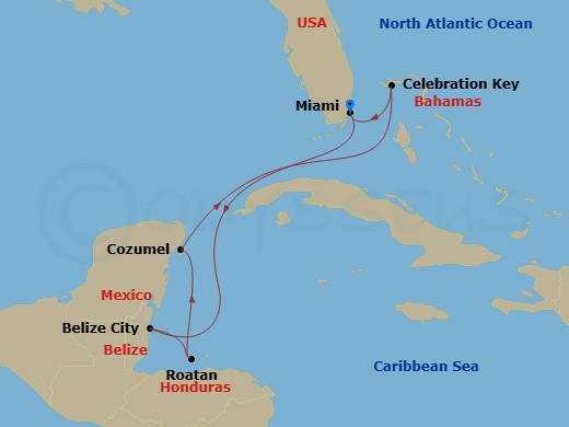 7 Night - Western Caribbean with Mexico & Celebration Key - Regal Princess - Starting in Miami, Florida, Belize City, Belize, Roatan (Isla Tropicale), Honduras, Cozumel, Mexico, Celebration Key, Bahamas, Miami, Florida itinerary map