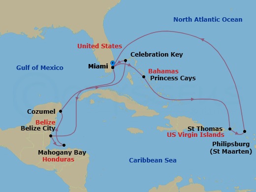 14 Night - Eastern / Western Caribbean Adventurer with Celebration Key - Regal Princess - Starting in Miami, Florida, Princess Cays, Bahamas, St Thomas, US Virgin Islands, St Maarten, Miami, Florida, Belize City, Belize, Roatan (Isla Tropicale), Honduras, Cozumel, Mexico, Celebration Key, Bahamas, Miami, Florida itinerary map