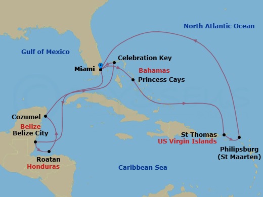 14 Night - Eastern / Western Caribbean Adventurer with Celebration Key - Regal Princess - Starting in Miami, Florida, Princess Cays, Bahamas, St Thomas, US Virgin Islands, St Maarten, Miami, Florida, Belize City, Belize, Roatan (Isla Tropicale), Honduras, Cozumel, Mexico, Celebration Key, Bahamas, Miami, Florida itinerary map