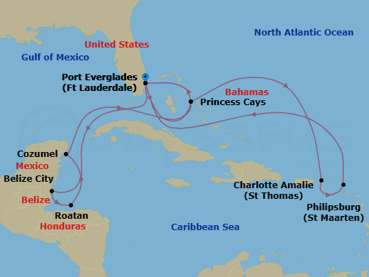 14 Night - Eastern / Western Caribbean Adventurer with Celebration Key - Sun Princess - Starting in Fort Lauderdale, Florida, Belize City, Belize, Roatan (Isla Tropicale), Honduras, Cozumel, Mexico, Celebration Key, Bahamas, Fort Lauderdale, Florida, Princess Cays, Bahamas, St Thomas, US Virgin Islands, St Maarten, Fort Lauderdale, Florida itinerary map