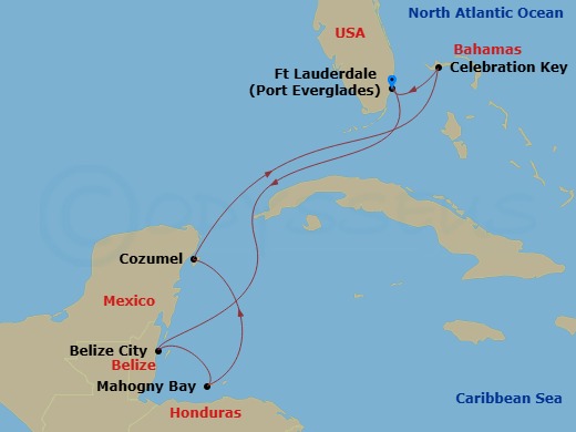7 Night - Western Caribbean with Mexico & Celebration Key - Sun Princess - Starting in Fort Lauderdale, Florida, Belize City, Belize, Roatan (Isla Tropicale), Honduras, Cozumel, Mexico, Celebration Key, Bahamas, Fort Lauderdale, Florida itinerary map