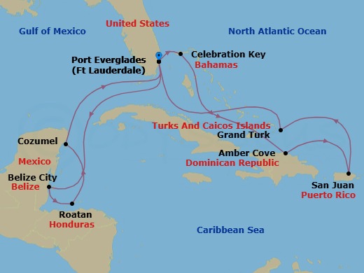 14 Night - Eastern / Western Caribbean Adventurer with Celebration Key - Sun Princess - Starting in Fort Lauderdale, Florida, Celebration Key, Bahamas, Amber Cove, Dominican Republic, San Juan, Puerto Rico, Grand Turk, Turks and Caicos, Fort Lauderdale, Florida, Belize City, Belize, Roatan (Isla Tropicale), Honduras, Cozumel, Mexico, Celebration Key, Bahamas, Fort Lauderdale, Florida itinerary map