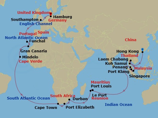 50 Night - Hong Kong to Hamburg - Queen Anne - Starting in Hong Kong, China, Laem Chabang (tours to Bangkok), Thailand, Ko Samui, Thailand, Singapore, Port Klang, MY, Penang, Malaysia, Port Louis, Mauritius, Le Port, Reunion, Durban, South Africa, Gqeberha (Port Elizabeth ZA), South Africa, Cape Town, South Africa, Mindelo, St Vincent, Cape Verde, Gran Canaria, Spain, Funchal, Madeira, Portugal, Southampton, England, UK, Hamburg, Germany itinerary map