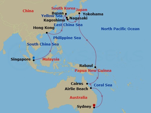 29 Night - Singapore to Sydney - Queen Elizabeth - Starting in Singapore, Hong Kong, China, Busan, South Korea, Nagasaki, Japan, Kagoshima, Japan, Yokohama (tours to Tokyo), Japan, Rabaul, Papua New Guinea, Cairns, Australia, Airlie Beach, Australia, Sydney AU, Australia itinerary map