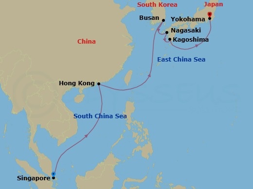 13 Night - Singapore to Yokohama - Queen Elizabeth - Starting in Singapore, Hong Kong, China, Busan, South Korea, Nagasaki, Japan, Kagoshima, Japan, Yokohama (tours to Tokyo), Japan itinerary map