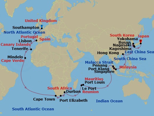 51 Night - Southampton to Yokohama - Queen Elizabeth - Starting in Southampton, England, UK, Lisbon, Portugal, Tenerife, Spain, Mindelo, St Vincent, Cape Verde, Cape Town, South Africa, Gqeberha (Port Elizabeth ZA), South Africa, Durban, South Africa, Le Port, Reunion, Port Louis, Mauritius, Penang, Malaysia, Port Klang, MY, Singapore, Hong Kong, China, Busan, South Korea, Nagasaki, Japan, Kagoshima, Japan, Yokohama (tours to Tokyo), Japan itinerary map