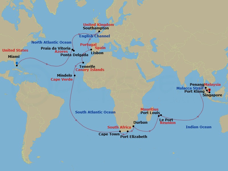 50 Night - Miami to Singapore - Queen Elizabeth - Starting in Miami, FL, Praia da Vitoria, Azores, Portugal, Ponta Delgada, Azores, Portugal, Southampton, England, UK, Lisbon, Portugal, Tenerife, Spain, Mindelo, St Vincent, Cape Verde, Cape Town, South Africa, Gqeberha (Port Elizabeth ZA), South Africa, Durban, South Africa, Le Port, Reunion, Port Louis, Mauritius, Penang, Malaysia, Port Klang, MY, Singapore itinerary map