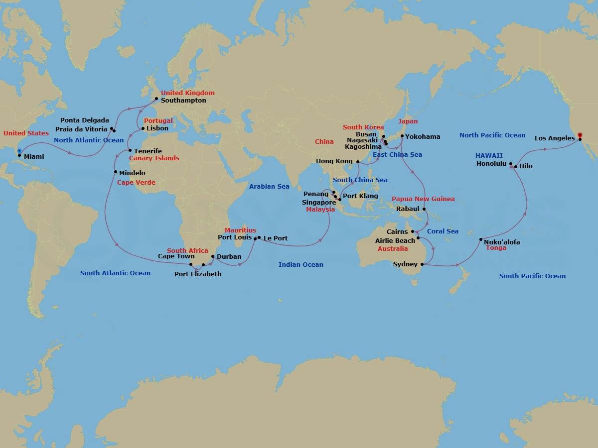 99 Night - Miami to Los Angeles - Queen Elizabeth - Starting in Miami, FL, Praia da Vitoria, Azores, Portugal, Ponta Delgada, Azores, Portugal, Southampton, England, UK, Lisbon, Portugal, Tenerife, Spain, Mindelo, St Vincent, Cape Verde, Cape Town, South Africa, Gqeberha (Port Elizabeth ZA), South Africa, Durban, South Africa, Le Port, Reunion, Port Louis, Mauritius, Penang, Malaysia, Port Klang, MY, Singapore, Hong Kong, China, Busan, South Korea, Nagasaki, Japan, Kagoshima, Japan, Yokohama (tours to Tokyo), Japan, Rabaul, Papua New Guinea, Cairns, Australia, Airlie Beach, Australia, Sydney AU, Australia, Nukualofa, Tonga, Cross International Date Line (Cruise-by), Honolulu, HI, Hilo, HI, Los Angeles, CA itinerary map