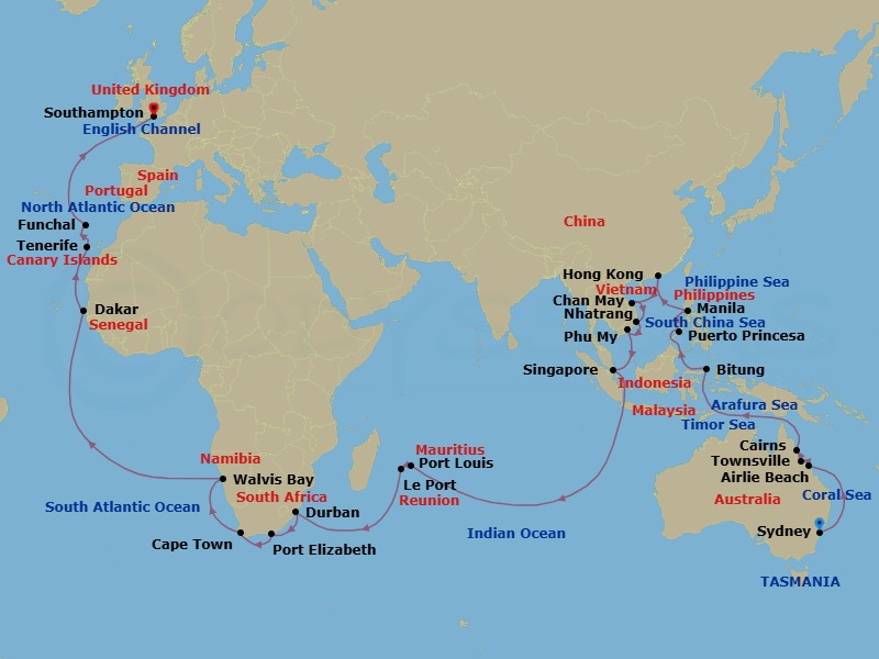 65 Night - Sydney to Southampton - Queen Anne - Starting in Sydney AU, Australia, Brisbane, Australia, Airlie Beach, Australia, Yorkeys Knob (tours to Cairns), Australia, Bitung, Indonesia, Manila, Philippines, Hong Kong, China, Laem Chabang (tours to Bangkok), Thailand, Ko Samui, Thailand, Singapore, Port Klang, MY, Penang, Malaysia, Port Louis, Mauritius, Le Port, Reunion, Durban, South Africa, Gqeberha (Port Elizabeth ZA), South Africa, Cape Town, South Africa, Mindelo, St Vincent, Cape Verde, Gran Canaria, Spain, Funchal, Madeira, Portugal, Southampton, England, UK itinerary map