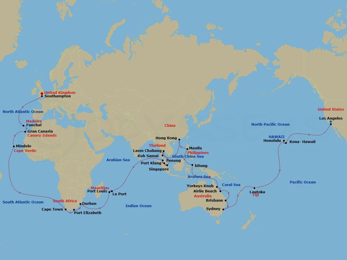 84 Night - Los Angeles to Southampton - Queen Anne - Starting in Los Angeles, CA, Kona, HI, Honolulu, HI, Cross International Date Line (Cruise-by), Lautoka, Fiji, Sydney AU, Australia, Brisbane, Australia, Airlie Beach, Australia, Yorkeys Knob (tours to Cairns), Australia, Bitung, Indonesia, Manila, Philippines, Hong Kong, China, Laem Chabang (tours to Bangkok), Thailand, Ko Samui, Thailand, Singapore, Port Klang, MY, Penang, Malaysia, Port Louis, Mauritius, Le Port, Reunion, Durban, South Africa, Gqeberha (Port Elizabeth ZA), South Africa, Cape Town, South Africa, Mindelo, St Vincent, Cape Verde, Gran Canaria, Spain, Funchal, Madeira, Portugal itinerary map