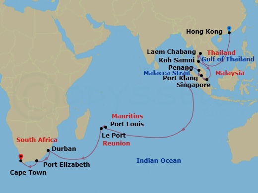 31 Night - Hong Kong to Cape Town - Queen Anne - Starting in Hong Kong, China, Laem Chabang (tours to Bangkok), Thailand, Ko Samui, Thailand, Singapore, Port Klang, MY, Penang, Malaysia, Port Louis, Mauritius, Le Port, Reunion, Durban, South Africa, Gqeberha (Port Elizabeth ZA), South Africa, Cape Town, South Africa itinerary map