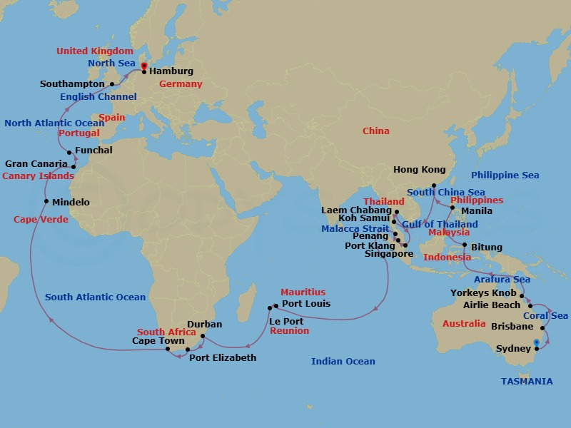 67 Night - Sydney to Hamburg - Queen Anne - Starting in Sydney AU, Australia, Brisbane, Australia, Airlie Beach, Australia, Yorkeys Knob (tours to Cairns), Australia, Bitung, Indonesia, Manila, Philippines, Hong Kong, China, Laem Chabang (tours to Bangkok), Thailand, Ko Samui, Thailand, Singapore, Port Klang, MY, Penang, Malaysia, Port Louis, Mauritius, Le Port, Reunion, Durban, South Africa, Gqeberha (Port Elizabeth ZA), South Africa, Cape Town, South Africa, Mindelo, St Vincent, Cape Verde, Gran Canaria, Spain, Funchal, Madeira, Portugal, Southampton, England, UK, Hamburg, Germany itinerary map