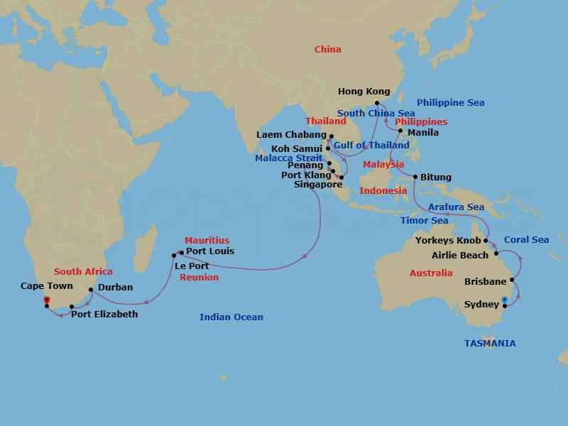 48 Night - Sydney to Cape Town - Queen Anne - Starting in Sydney AU, Australia, Brisbane, Australia, Airlie Beach, Australia, Yorkeys Knob (tours to Cairns), Australia, Bitung, Indonesia, Manila, Philippines, Hong Kong, China, Laem Chabang (tours to Bangkok), Thailand, Ko Samui, Thailand, Singapore, Port Klang, MY, Penang, Malaysia, Port Louis, Mauritius, Le Port, Reunion, Durban, South Africa, Gqeberha (Port Elizabeth ZA), South Africa, Cape Town, South Africa itinerary map