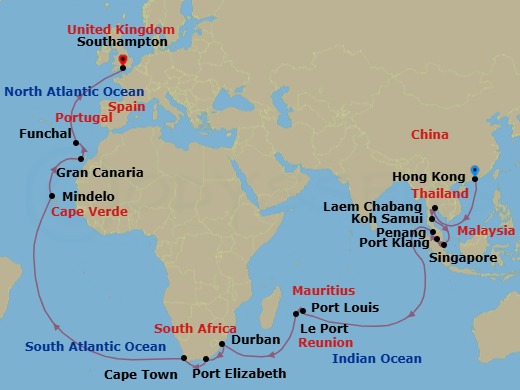 48 Night - Hong Kong to Southampton - Queen Anne - Starting in Hong Kong, China, Laem Chabang (tours to Bangkok), Thailand, Ko Samui, Thailand, Singapore, Port Klang, MY, Penang, Malaysia, Port Louis, Mauritius, Le Port, Reunion, Durban, South Africa, Gqeberha (Port Elizabeth ZA), South Africa, Cape Town, South Africa, Mindelo, St Vincent, Cape Verde, Gran Canaria, Spain, Funchal, Madeira, Portugal, Southampton, England, UK itinerary map