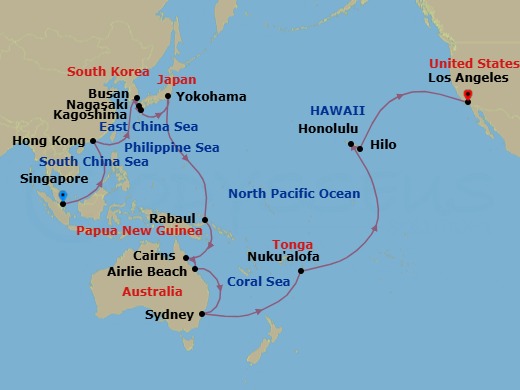 49 Night - Singapore to Los Angeles - Queen Elizabeth - Starting in Singapore, Hong Kong, China, Busan, South Korea, Nagasaki, Japan, Kagoshima, Japan, Yokohama (tours to Tokyo), Japan, Rabaul, Papua New Guinea, Cairns, Australia, Airlie Beach, Australia, Sydney AU, Australia, Nukualofa, Tonga, Cross International Date Line (Cruise-by), Honolulu, HI, Hilo, HI, Los Angeles, CA itinerary map