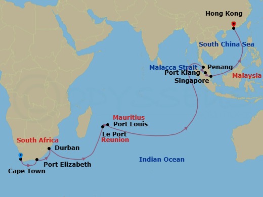 25 Night - Cape Town to Hong Kong - Queen Elizabeth - Starting in Cape Town, South Africa, Gqeberha (Port Elizabeth ZA), South Africa, Durban, South Africa, Le Port, Reunion, Port Louis, Mauritius, Penang, Malaysia, Port Klang, MY, Singapore, Hong Kong, China itinerary map
