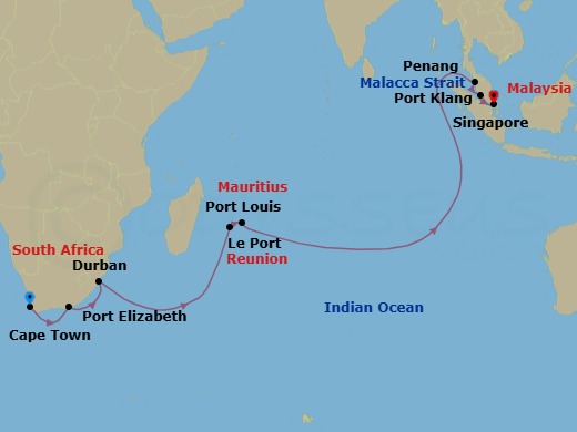 20 Night - Cape Town to Singapore - Queen Elizabeth - Starting in Cape Town, South Africa, Gqeberha (Port Elizabeth ZA), South Africa, Durban, South Africa, Le Port, Reunion, Port Louis, Mauritius, Penang, Malaysia, Port Klang, MY, Singapore itinerary map