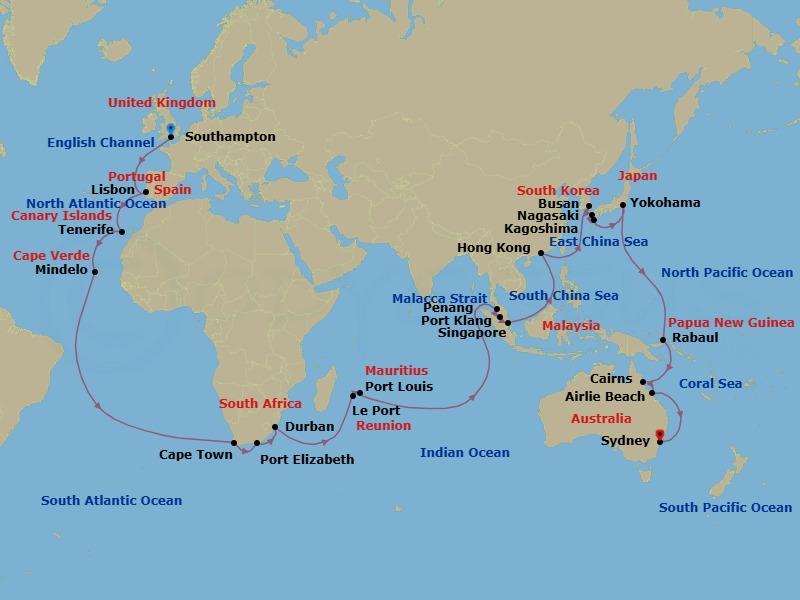 67 Night - Southampton to Sydney - Queen Elizabeth - Starting in Southampton, England, UK, Lisbon, Portugal, Tenerife, Spain, Mindelo, St Vincent, Cape Verde, Cape Town, South Africa, Gqeberha (Port Elizabeth ZA), South Africa, Durban, South Africa, Le Port, Reunion, Port Louis, Mauritius, Penang, Malaysia, Port Klang, MY, Singapore, Hong Kong, China, Busan, South Korea, Nagasaki, Japan, Kagoshima, Japan, Yokohama (tours to Tokyo), Japan, Rabaul, Papua New Guinea, Cairns, Australia, Airlie Beach, Australia, Sydney AU, Australia itinerary map