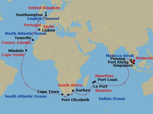 38 Night - Southampton to Singapore - Queen Elizabeth - Starting in Southampton, England, UK, Lisbon, Portugal, Tenerife, Spain, Mindelo, St Vincent, Cape Verde, Cape Town, South Africa, Gqeberha (Port Elizabeth ZA), South Africa, Durban, South Africa, Le Port, Reunion, Port Louis, Mauritius, Penang, Malaysia, Port Klang, MY, Singapore itinerary map