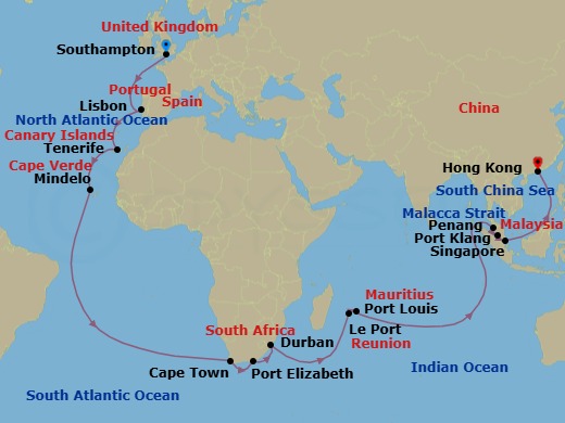43 Night - Southampton to Hong Kong - Queen Elizabeth - Starting in Southampton, England, UK, Lisbon, Portugal, Tenerife, Spain, Mindelo, St Vincent, Cape Verde, Cape Town, South Africa, Gqeberha (Port Elizabeth ZA), South Africa, Durban, South Africa, Le Port, Reunion, Port Louis, Mauritius, Penang, Malaysia, Port Klang, MY, Singapore, Hong Kong, China itinerary map