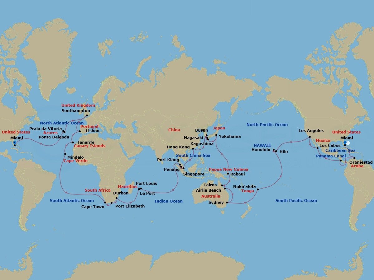 113 Night - Full World Voyage - Queen Elizabeth - Starting in Miami, FL, Praia da Vitoria, Azores, Portugal, Ponta Delgada, Azores, Portugal, Southampton, England, UK, Lisbon, Portugal, Tenerife, Spain, Mindelo, St Vincent, Cape Verde, Cape Town, South Africa, Gqeberha (Port Elizabeth ZA), South Africa, Durban, South Africa, Le Port, Reunion, Port Louis, Mauritius, Penang, Malaysia, Port Klang, MY, Singapore, Hong Kong, China, Busan, South Korea, Nagasaki, Japan, Kagoshima, Japan, Yokohama (tours to Tokyo), Japan, Rabaul, Papua New Guinea, Cairns, Australia, Airlie Beach, Australia, Sydney AU, Australia, Nukualofa, Tonga, Cross International Date Line (Cruise-by), Honolulu, HI, Hilo, HI, Los Angeles, CA, Cabo San Lucas, Mexico, Puntarenas, Costa Rica, Transit the Panama Canal, Panama (Full Transit), Oranjestad, Aruba, Miami, FL itinerary map