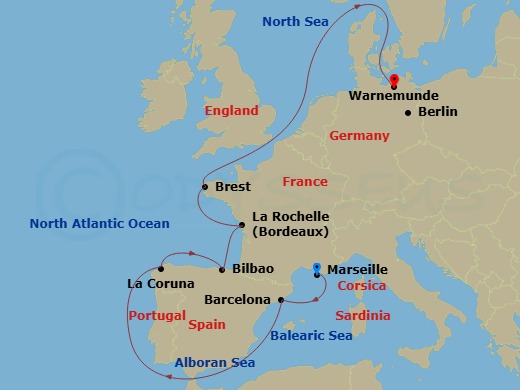 10 Night - Northern Europe - MSC Magnifica - Starting in Marseille (Provence), France, Barcelona, Spain, La Coruna (Santiago De Compostela), Spain, Bilbao, Spain, La Rochelle, France, Brest, France, Warnemunde (Berlin), Germany itinerary map