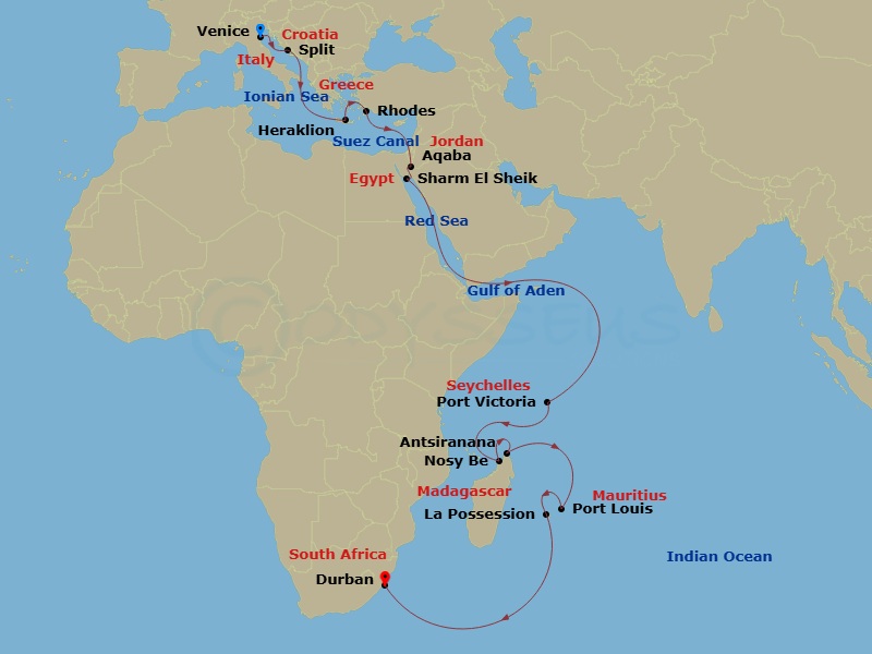 26 Night - Msc Grand Voyages - MSC Armonia - Starting in Venice / Marghera, Italy, Split, Croatia, Heraklion (Crete), Greece, Rhodes (Lindos), Greece, Suez Canal (In Transit), Egypt, Aqaba (Petra), Jordan, Sharm El-Sheikh, Egypt, Port Victoria, Seychelles, Nosy Be, Madagascar, Antsiranana (Diego Suarez), Madagascar, Port Louis, Mauritius, La Possession, Reunion, Durban, South Africa itinerary map