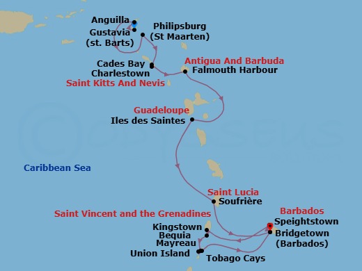 14 Night - Discover Eastern Caribbean & Grenadines - Emerald Azzurra - Starting in Philipsburg, Sint Maarten, Philipsburg, Sint Maarten / Prickly Pear Cays, Anguilla / Gustavia, Saint Barthelemy, Gustavia, Saint Barthelemy, Charlestown, Saint Kitts and Nevis / Cades Bay, Saint Kitts and Nevis, Falmouth Bay (English Harbour), Antigua and Barbuda, Iles des Saintes, Guadeloupe, Soufriere, Saint Lucia, Bridgetown, Barbados, Speightstown, Barbados, Kingstown / Bequia Island, Saint Vincent and the Grenadines, Bequia Island / Mayreau Island, Saint Vincent and the Grenadines, Mayreau Island / Union Island, Saint Vincent and the Grenadines, Union Island, Saint Vincent and the Grenadines, Union Island / Tobago Cays, Saint Vincent and the Grenadines, Bridgetown, Barbados itinerary map