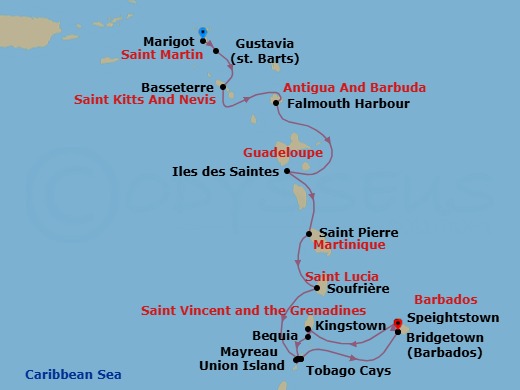 16 Night - Discover the Best of the Caribbean - Emerald Azzurra - Starting in Marigot, Saint Martin, Gustavia, Saint Barthelemy, Basseterre, Saint Kitts and Nevis, Falmouth Harbour, Antigua and Barbuda, Iles des Saintes, Guadeloupe, Saint-Pierre, Martinique, Soufriere, Saint Lucia, Mayreau Island / Tobago Cays, Saint Vincent and the Grenadines, Tobago Cays, Saint Vincent and the Grenadines, Bridgetown, Barbados, Speightstown, Barbados, Kingstown / Bequia Island, Saint Vincent and the Grenadines, Bequia Island / Mayreau Island, Saint Vincent and the Grenadines, Mayreau Island / Union Island, Saint Vincent and the Grenadines, Union Island, Saint Vincent and the Grenadines, Union Island / Tobago Cays, Saint Vincent and the Grenadines, Bridgetown, Barbados itinerary map