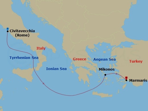 3 Night - Mediterranean - MSC Divina - Starting in Civitavecchia (Rome), Italy, Mykonos, Greece, Marmaris, Turkey itinerary map