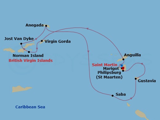 7 Night - Cruising the Leeward Islands - Emerald Azzurra - Starting in Marigot, Saint Martin, Marigot, Saint Martin, Anguilla, Virgin Gorda / Norman Island, British Virgin Islands, Norman Island / Jost van Dyke, British Virgin Islands, Anegada, British Virgin Islands, Saba, Bonaire, Saint Eustatius and Saba / Gustavia, Saint Barthelemy, Gustavia, Saint Barthelemy, Philipsburg, Sint Maarten itinerary map