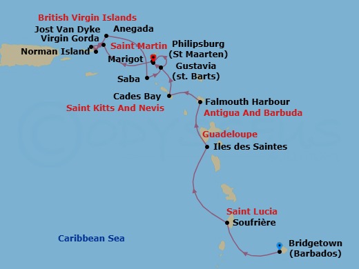 13 Night - Discover the Hidden Wonders of the Caribbean - Emerald Azzurra - Starting in Bridgetown, Barbados, Soufriere, Saint Lucia, Iles des Saintes, Guadeloupe, Falmouth Harbour, Antigua and Barbuda, Cades Bay, Saint Kitts and Nevis, Gustavia, Saint Barthelemy, Marigot, Saint Martin, Marigot, Saint Martin, Anguilla, Virgin Gorda / Norman Island, British Virgin Islands, Norman Island / Jost van Dyke, British Virgin Islands, Anegada, British Virgin Islands, Saba, Bonaire, Saint Eustatius and Saba / Gustavia, Saint Barthelemy, Gustavia, Saint Barthelemy, Philipsburg, Sint Maarten itinerary map