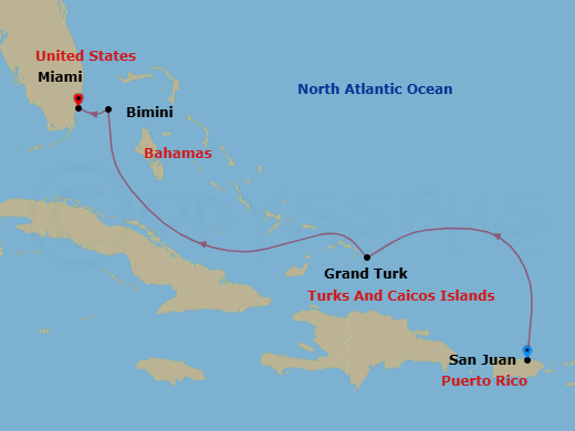 5 Night - Eastern Caribbean : San Juan to Miami - Valiant Lady - Starting in San Juan, Puerto Rico, Grand Turk, Turks and Caicos, The Beach Club at Bimini, Bahamas, Miami, Florida itinerary map