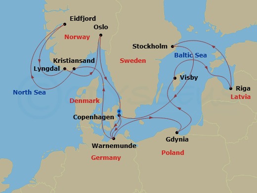 14 Night - Northern Europe - MSC Magnifica - Starting in Copenhagen, Denmark, Warnemunde (Berlin), Germany, Kristiansand, Norway, Eidfjord, Norway, Lyngdal, Norway, Oslo, Norway, Copenhagen, Denmark, Warnemunde (Berlin), Germany, Gdynia (Gdansk), Poland, Visby, Sweden, Riga, Latvia, Stockholm, Sweden, Copenhagen, Denmark itinerary map
