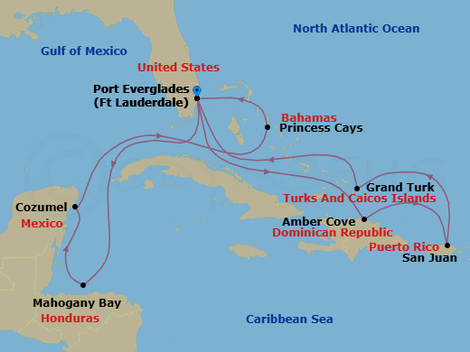 14 Night - Eastern / Western Caribbean Adventurer with Celebration Key - Sun Princess - Starting in Fort Lauderdale, Florida, Roatan (Isla Tropicale), Honduras, Cozumel, Mexico, Celebration Key, Bahamas, Fort Lauderdale, Florida, Amber Cove, Dominican Republic, San Juan, Puerto Rico, Grand Turk, Turks and Caicos, Fort Lauderdale, Florida itinerary map