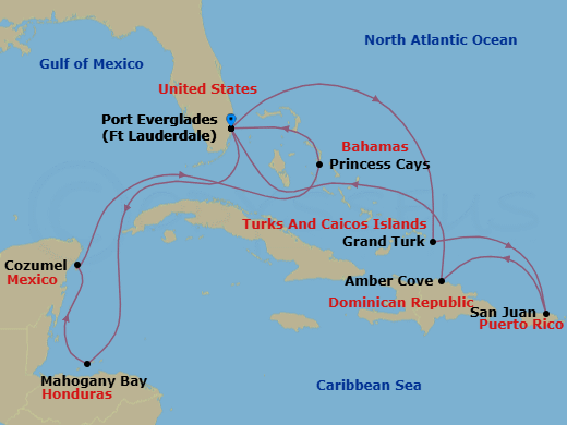 14 Night - Eastern / Western Caribbean Adventurer with Celebration Key - Sun Princess - Starting in Fort Lauderdale, Florida, Grand Turk, Turks and Caicos, San Juan, Puerto Rico, Amber Cove, Dominican Republic, Fort Lauderdale, Florida, Roatan (Isla Tropicale), Honduras, Cozumel, Mexico, Celebration Key, Bahamas, Fort Lauderdale, Florida itinerary map