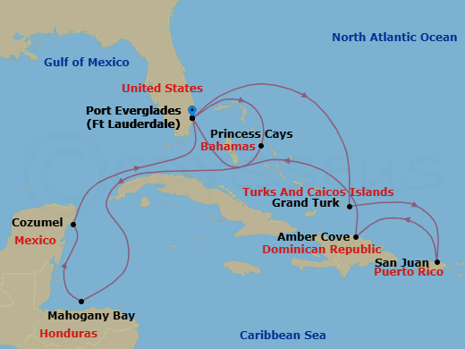 14 Night - Eastern / Western Caribbean Adventurer with Celebration Key - Sun Princess - Starting in Fort Lauderdale, Florida, Celebration Key, Bahamas, Roatan (Isla Tropicale), Honduras, Cozumel, Mexico, Fort Lauderdale, Florida, Grand Turk, Turks and Caicos, San Juan, Puerto Rico, Amber Cove, Dominican Republic, Fort Lauderdale, Florida itinerary map