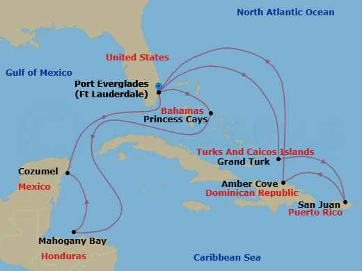 14 Night - Eastern / Western Caribbean Adventurer with Celebration Key - Sun Princess - Starting in Fort Lauderdale, Florida, Grand Turk, Turks and Caicos, San Juan, Puerto Rico, Amber Cove, Dominican Republic, Fort Lauderdale, Florida, Celebration Key, Bahamas, Roatan (Isla Tropicale), Honduras, Cozumel, Mexico, Fort Lauderdale, Florida itinerary map