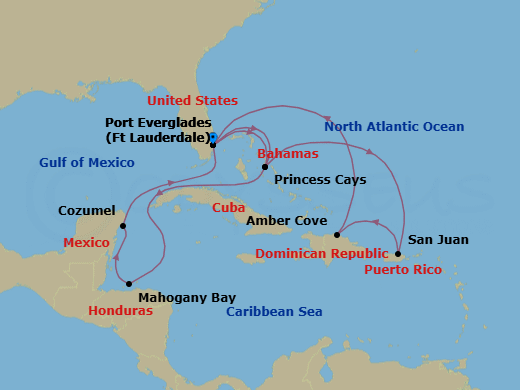 14 Night - Eastern / Western Caribbean Adventurer with Celebration Key - Sun Princess - Starting in Fort Lauderdale, Florida, Celebration Key, Bahamas, Roatan (Isla Tropicale), Honduras, Cozumel, Mexico, Fort Lauderdale, Florida, Celebration Key, Bahamas, San Juan, Puerto Rico, Amber Cove, Dominican Republic, Fort Lauderdale, Florida itinerary map