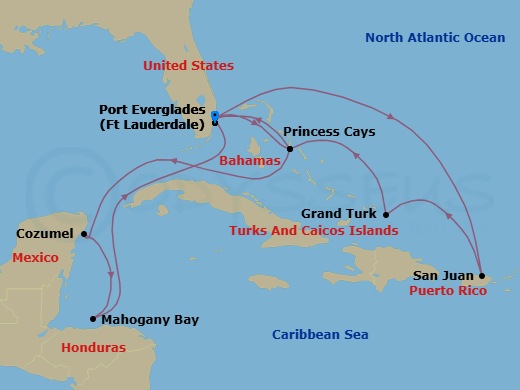 14 Night - Eastern / Western Caribbean Adventurer with Celebration Key - Sun Princess - Starting in Fort Lauderdale, Florida, Celebration Key, Bahamas, Cozumel, Mexico, Roatan (Isla Tropicale), Honduras, Fort Lauderdale, Florida, San Juan, Puerto Rico, Grand Turk, Turks and Caicos, Celebration Key, Bahamas, Fort Lauderdale, Florida itinerary map