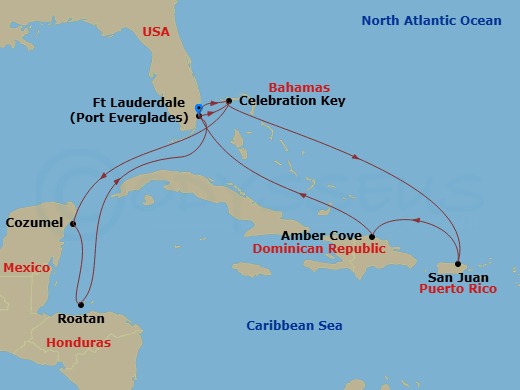 14 Night - Eastern / Western Caribbean Adventurer with Celebration Key - Sun Princess - Starting in Fort Lauderdale, Florida, Celebration Key, Bahamas, Cozumel, Mexico, Roatan (Isla Tropicale), Honduras, Fort Lauderdale, Florida, Celebration Key, Bahamas, San Juan, Puerto Rico, Amber Cove, Dominican Republic, Fort Lauderdale, Florida itinerary map